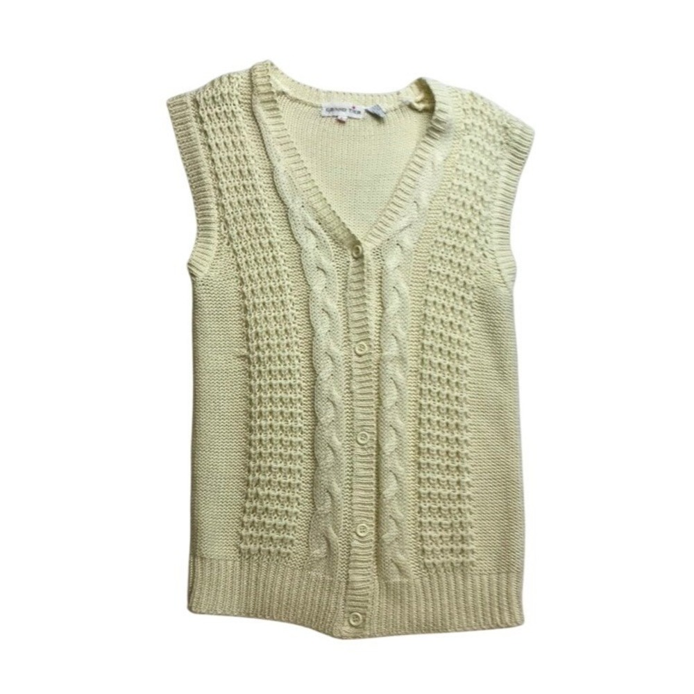 Vintage Grand Tier Womens Cream Cable Knit V Neck Button‎ Vest Sweater Size L